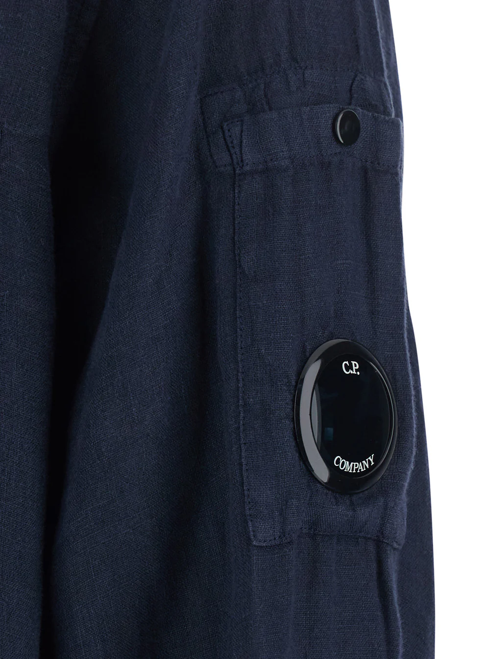 C.P. Company Blue Shirt With Classic Collar And Logo Plate On The Sleeve In Linen Man Blu Blouses