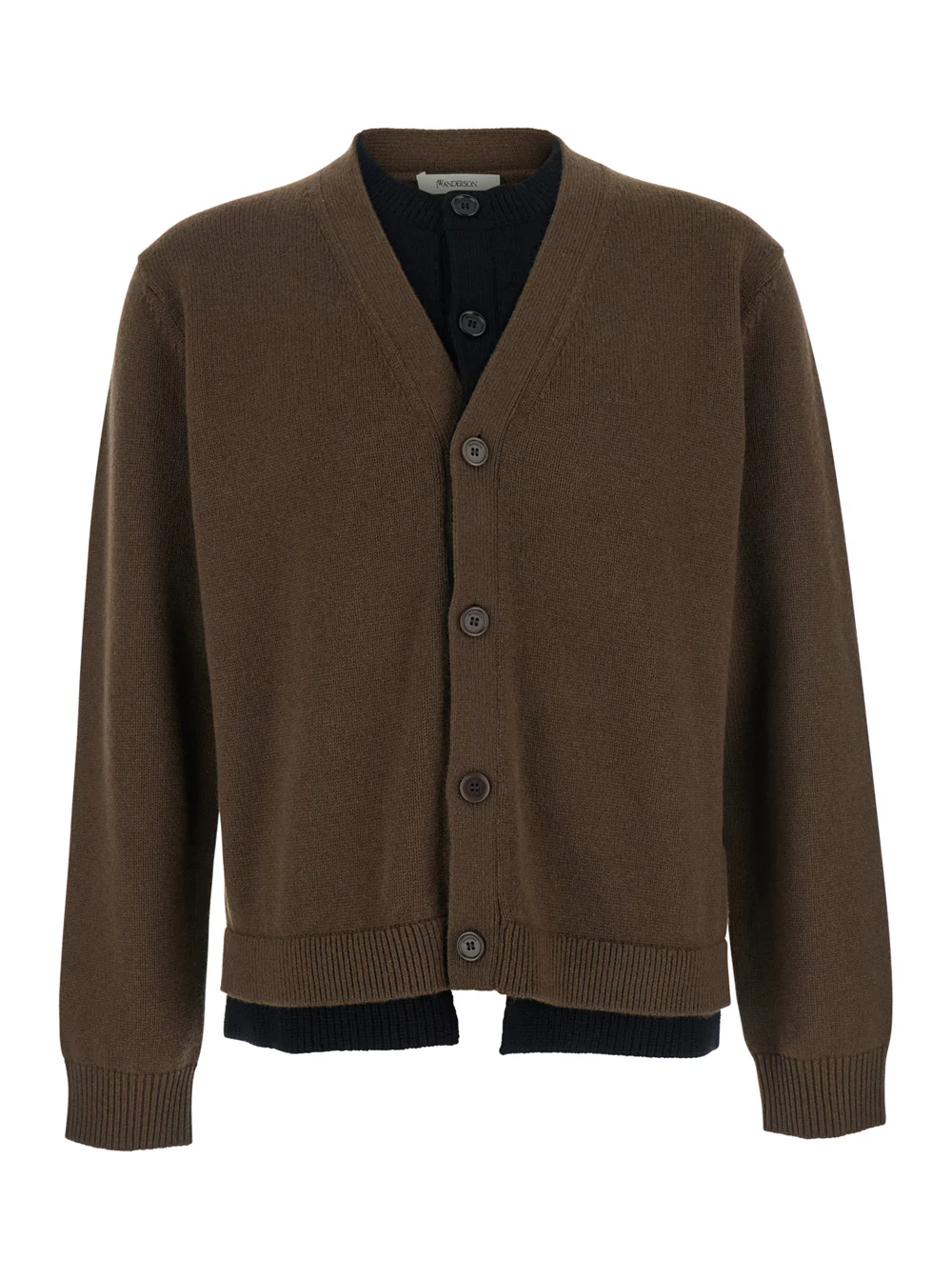 JW Anderson Brown Cardigan with V-Neck and Layered Design in Fabric Man Jersey